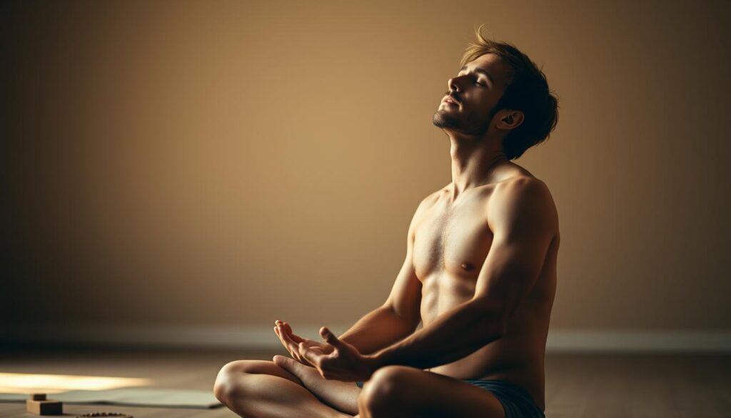 A peaceful, serene scene of a person practicing the Wim Hof breathing method. In the foreground, a male figure sits cross-legged, eyes closed, palms facing upwards, deeply immersed in the rhythmic inhales and exhales of the Wim Hof technique. Soft, natural light filters in from the left, casting a warm glow on the subject's face. The background is a minimalist, uncluttered space, perhaps a simple indoor room or outdoor setting, with muted, earthy tones that complement the calming atmosphere. The overall mood is one of focus, tranquility, and the transformative power of controlled breathing.