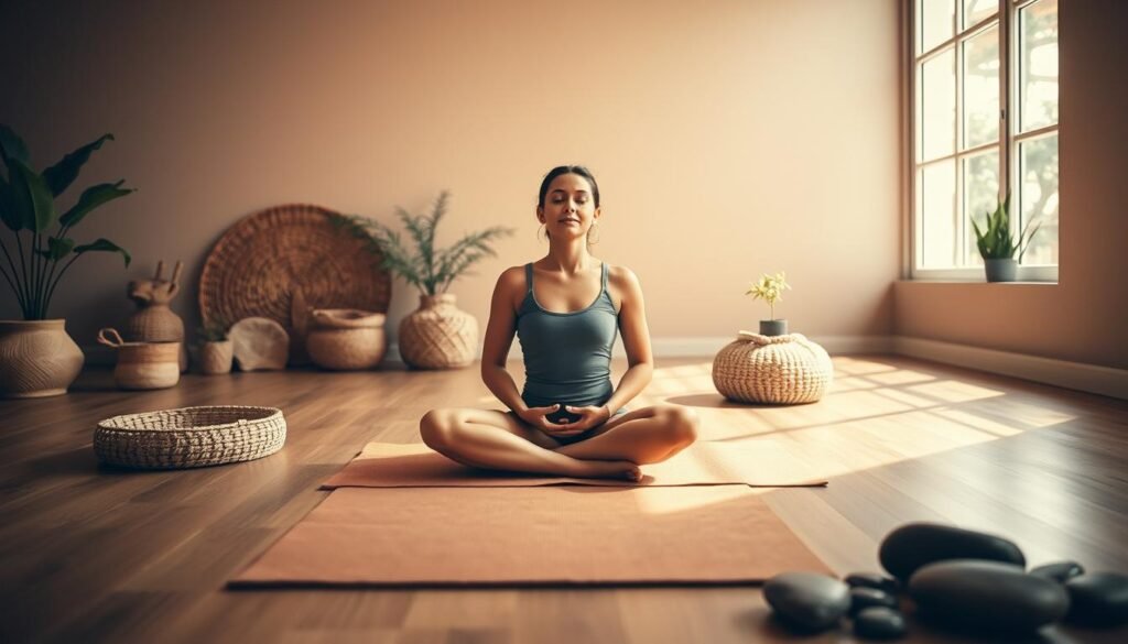 A peaceful, sunlit room with a serene atmosphere. In the foreground, a person sits cross-legged on a plush, earthy-toned yoga mat, eyes closed and body relaxed. Their hands rest gently on their lap, exuding a sense of deep inner calm. In the middle ground, soft, natural textures such as woven baskets, plants, and smooth river stones create a soothing, minimalist environment. The background features muted, warm-toned walls, allowing the focus to remain on the person's tranquil state of being. Soft, directional lighting from a large window casts a gentle glow, highlighting the person's serene expression. The overall scene conveys a sense of grounding, introspection, and the restorative power of somatic practices. A peaceful, sunlit room with a serene atmosphere. In the foreground, a person sits cross-legged on a plush, earthy-toned yoga mat, eyes closed and body relaxed. Their hands rest gently on their lap, exuding a sense of deep inner calm. In the middle ground, soft, natural textures such as woven baskets, plants, and smooth river stones create a soothing, minimalist environment. The background features muted, warm-toned walls, allowing the focus to remain on the person's tranquil state of being. Soft, directional lighting from a large window casts a gentle glow, highlighting the person's serene expression. The overall scene conveys a sense of grounding, introspection, and the restorative power of somatic practices.