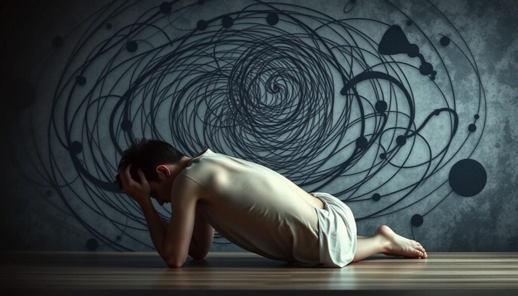 A pensive figure rests against a swirling backdrop of anxious thoughts, depicted as a surreal landscape of tangled lines, distorted shapes, and muted colors. The subject's posture conveys a sense of unease, with shoulders hunched and head bowed, as if the weight of their inner turmoil bears down upon them. Diffused lighting casts a somber, introspective mood, highlighting the contrast between the individual's internalized struggle and the chaotic, ever-shifting environment that surrounds them. The composition emphasizes the interplay between the physical and the psychological, creating a powerful visual metaphor for the experience of anxiety and the process of building self-awareness. A pensive figure rests against a swirling backdrop of anxious thoughts, depicted as a surreal landscape of tangled lines, distorted shapes, and muted colors. The subject's posture conveys a sense of unease, with shoulders hunched and head bowed, as if the weight of their inner turmoil bears down upon them. Diffused lighting casts a somber, introspective mood, highlighting the contrast between the individual's internalized struggle and the chaotic, ever-shifting environment that surrounds them. The composition emphasizes the interplay between the physical and the psychological, creating a powerful visual metaphor for the experience of anxiety and the process of building self-awareness.
