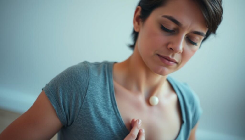 A person in a meditative pose, eyes closed, focusing intently on their breathing. The foreground shows their chest rising and falling, with a subtle blue-gray hue to convey a sense of anxiousness. The middle ground blurs into a soft, calming background with muted colors and a gentle, hazy light. The lighting is soft and diffused, creating a soothing, introspective atmosphere. The composition is balanced, drawing the viewer's attention to the central figure and their somatic experience of the breath. The overall scene evokes a sense of inner focus, processing difficult emotions, and the calming effects of somatic stretching practices.
