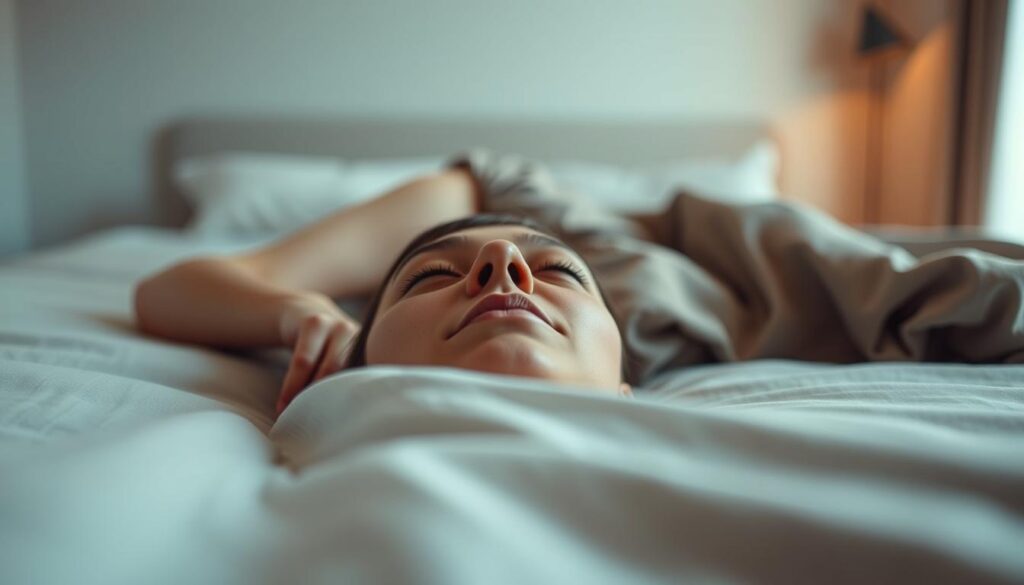 A person lying on a bed, experiencing a "grounding" experiment to reduce sleep stress. The foreground shows the person's face, eyes closed, appearing relaxed and peaceful. The middle ground features the person's body, covered in a soft, neutral-colored blanket. The background depicts a minimalist, cozy bedroom environment with muted tones, soft lighting, and a calming, meditative atmosphere. The scene conveys a sense of tranquility, inviting the viewer to imagine the restorative effects of the grounding practice. The image should be captured with a close, intimate lens, emphasizing the individual's introspective experience.