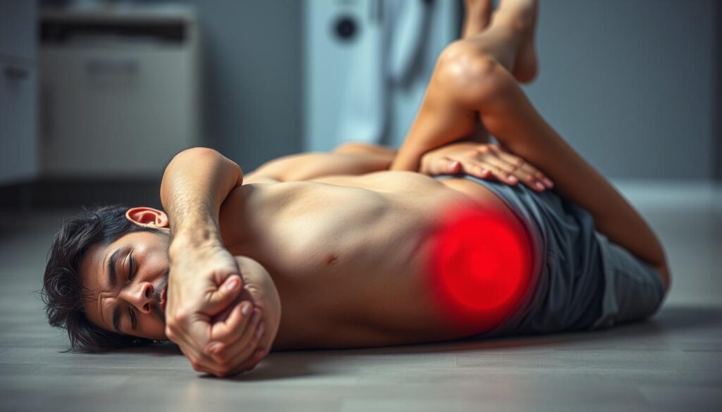 A person lying on their stomach, experiencing severe lower back pain. The foreground shows their strained facial expression, clenched fists, and tensed muscles in the lower back area. The middle ground depicts the person's body contorted in an uncomfortable position, with their legs slightly bent at the knees. The background is blurred, suggesting a clinical or medical setting, with muted colors and soft lighting to emphasize the subject's discomfort. The overall mood is one of distress and the need for professional medical attention. A person lying on their stomach, experiencing severe lower back pain. The foreground shows their strained facial expression, clenched fists, and tensed muscles in the lower back area. The middle ground depicts the person's body contorted in an uncomfortable position, with their legs slightly bent at the knees. The background is blurred, suggesting a clinical or medical setting, with muted colors and soft lighting to emphasize the subject's discomfort. The overall mood is one of distress and the need for professional medical attention.
