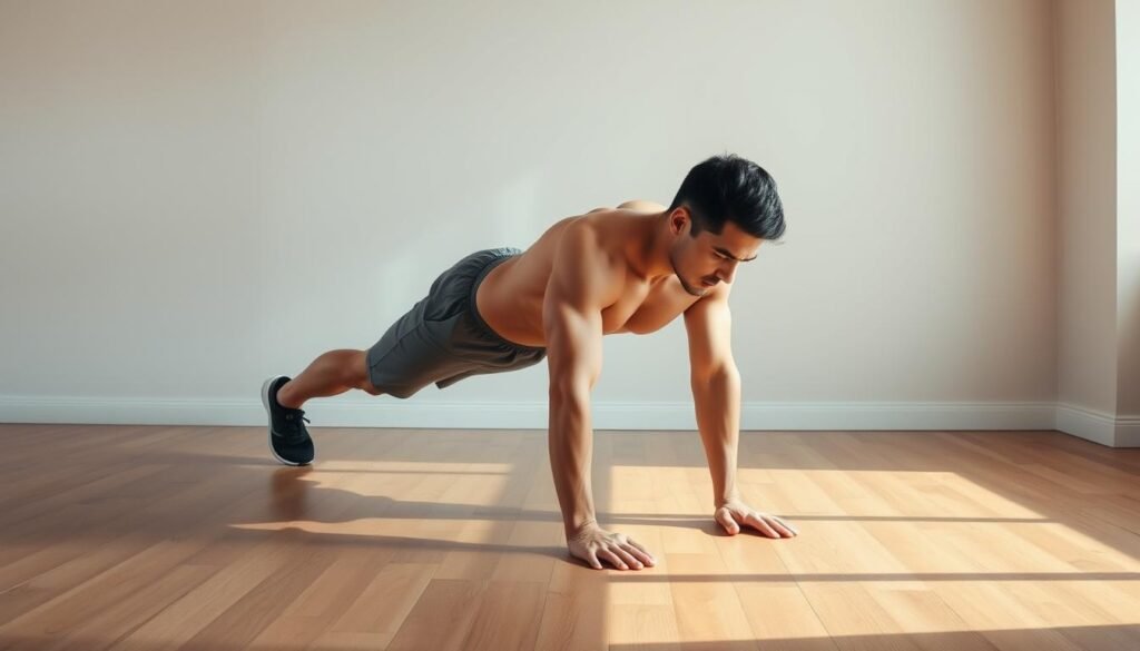 A person performing a classic plank position, with their body forming a straight line from head to heels. Their core is engaged, shoulders are stacked over wrists, and legs are extended behind them. The setting is a minimalist home gym, with wooden floors and a neutral wall in the background. Soft, natural lighting illuminates the scene, casting gentle shadows that accentuate the muscular definition. The overall mood is one of focused determination and control, reflecting the discipline and strength required for this fundamental functional movement.