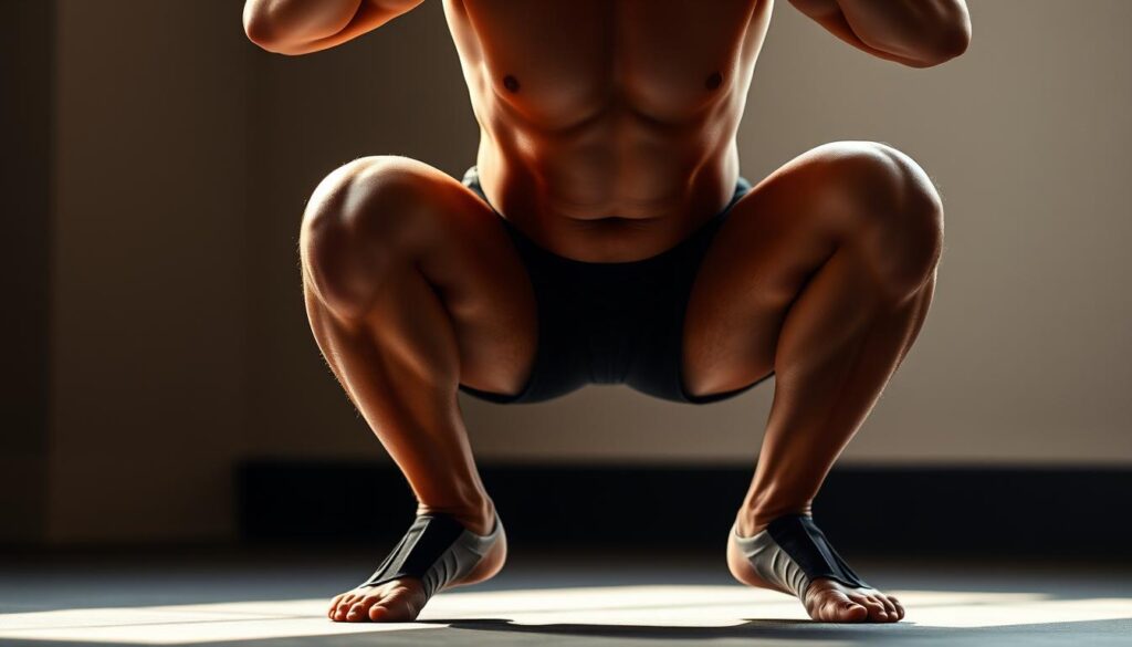 A person performing a deep squat with proper form, chest upright, knees tracking over toes, hips sinking back, weight evenly distributed through the heels. Lighting is natural, slightly diffused, with warm tones that highlight the muscular contours of the body. The background is blurred, putting the focus on the squat movement itself. The model is wearing minimal, form-fitting athletic attire to showcase the biomechanics of the exercise. The overall mood is one of functional strength and everyday capability, emphasizing the utility of this fundamental human movement pattern.