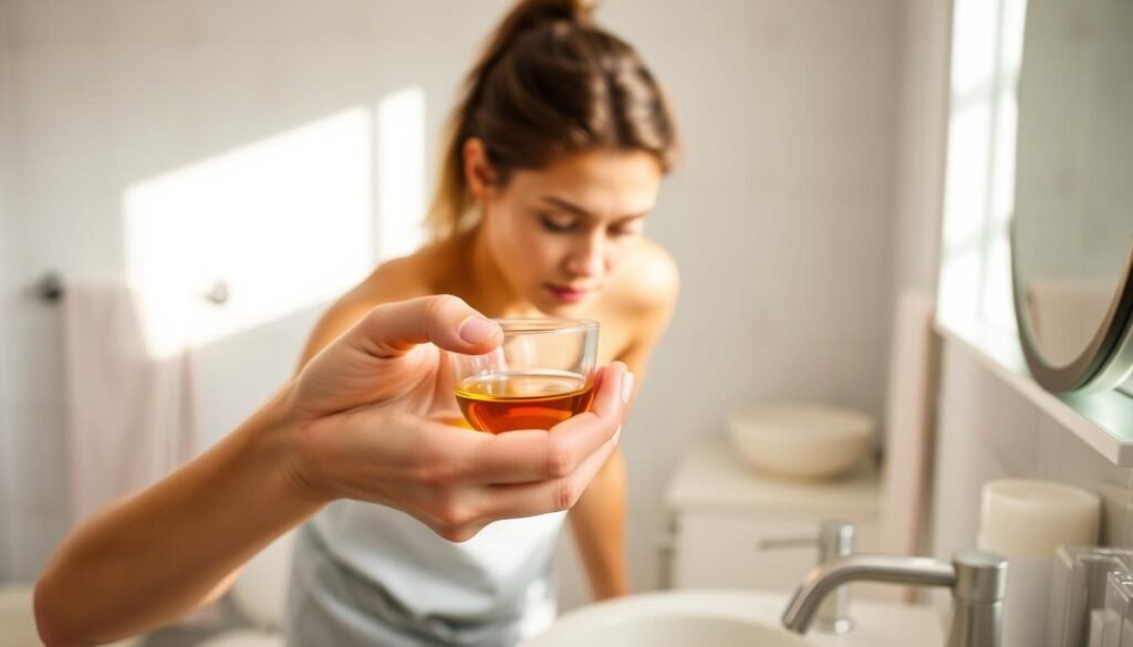 A person performing the oil pulling routine, standing in a bright, clean bathroom. In the foreground, their hands are cupping a small glass of oil, ready to swish it around their mouth. The middle ground shows the person leaning over a sink, with a focused expression as they engage in the ritual. The background features a tiled wall and vanity, creating a soothing, spa-like atmosphere. The lighting is soft and natural, highlighting the person's face and the glass of oil. The overall scene conveys a sense of mindfulness, self-care, and the importance of oral hygiene.