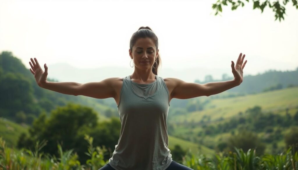 A person practicing somatic stretching in a serene, natural setting. The foreground shows a person in a relaxed, fluid body position, their limbs gently extended and their face calm. The middle ground reveals a lush, verdant landscape with soft, diffused lighting, creating a sense of tranquility. The background features a hazy, atmospheric sky, with muted colors that complement the overall peaceful ambiance. The image conveys a feeling of mindfulness, bodily awareness, and the integration of physical and mental well-being.