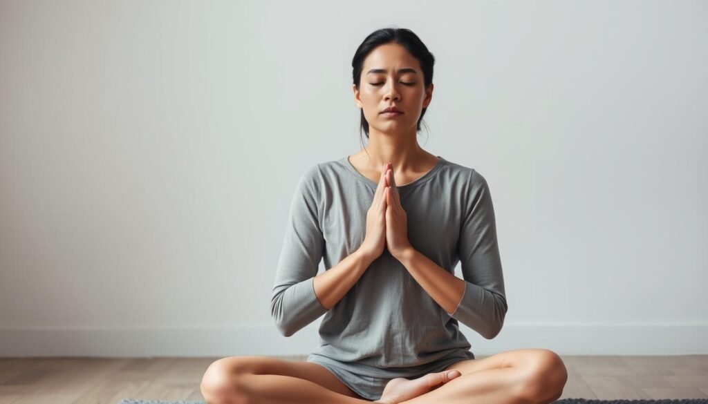 A person seated cross-legged, deeply focused on their breathing, their face tranquil and serene. Soft, diffused lighting illuminates their features, creating a calming, meditative atmosphere. The background is a neutral, minimalist space, free from distractions, allowing the viewer to concentrate on the subject's pain relief breathing technique. The composition emphasizes the person's physical and emotional resilience, conveying a sense of inner strength and control over their discomfort through conscious, regulated breathing.