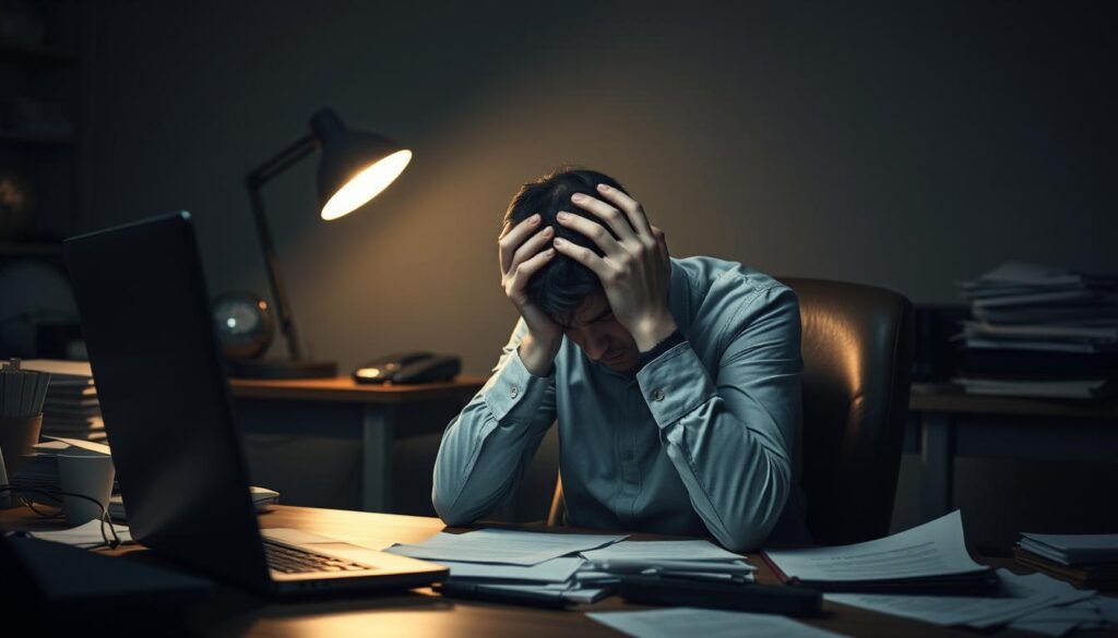 A person sitting at a desk, head in hands, looking exhausted and overwhelmed. The background is dimly lit, with muted, dreary tones. Shadows cast across the face, emphasizing a sense of heaviness and despair. The office space is cluttered, papers and electronics scattered, conveying the chaos and demands that have led to this state of burnout. The figure is isolated, conveying a sense of loneliness and detachment. Soft, moody lighting from a single desk lamp casts a warm, melancholic glow. The composition is tightly framed, drawing the viewer's attention to the palpable emotional and physical toll of stress and burnout. A person sitting at a desk, head in hands, looking exhausted and overwhelmed. The background is dimly lit, with muted, dreary tones. Shadows cast across the face, emphasizing a sense of heaviness and despair. The office space is cluttered, papers and electronics scattered, conveying the chaos and demands that have led to this state of burnout. The figure is isolated, conveying a sense of loneliness and detachment. Soft, moody lighting from a single desk lamp casts a warm, melancholic glow. The composition is tightly framed, drawing the viewer's attention to the palpable emotional and physical toll of stress and burnout.