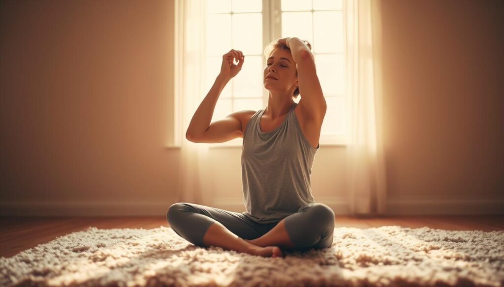 A person sitting cross-legged on a soft, plush carpet, intently focused on stretching and gently working out muscle tension in their upper body. Warm, natural lighting filters in through a large window, casting a serene, contemplative atmosphere. The person's face is relaxed, their movements fluid and mindful, as they intuitively explore the nuances of their body's needs. The background is uncluttered, with muted, soothing colors that encourage a sense of calm and introspection. The scene conveys a sense of peaceful self-care and the importance of listening to one's body during a gentle somatic practice. A person sitting cross-legged on a soft, plush carpet, intently focused on stretching and gently working out muscle tension in their upper body. Warm, natural lighting filters in through a large window, casting a serene, contemplative atmosphere. The person's face is relaxed, their movements fluid and mindful, as they intuitively explore the nuances of their body's needs. The background is uncluttered, with muted, soothing colors that encourage a sense of calm and introspection. The scene conveys a sense of peaceful self-care and the importance of listening to one's body during a gentle somatic practice.