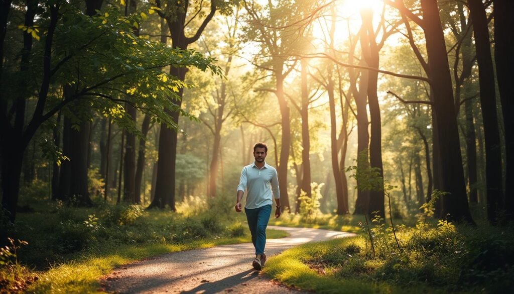A person walking mindfully through a serene forest, their steps measured and deliberate. Sunlight filters through the lush canopy, casting a warm, contemplative glow. The individual's gaze is focused, their expression serene, as they move with a sense of presence and connection to the natural world around them. In the middle ground, a winding path leads the eye through the scene, inviting the viewer to join this meditative journey. The background is composed of towering trees, their branches swaying gently in a soft breeze, creating a sense of tranquility and harmony. The overall atmosphere evokes a feeling of inner calm and a deep appreciation for the beauty of the present moment. A person walking mindfully through a serene forest, their steps measured and deliberate. Sunlight filters through the lush canopy, casting a warm, contemplative glow. The individual's gaze is focused, their expression serene, as they move with a sense of presence and connection to the natural world around them. In the middle ground, a winding path leads the eye through the scene, inviting the viewer to join this meditative journey. The background is composed of towering trees, their branches swaying gently in a soft breeze, creating a sense of tranquility and harmony. The overall atmosphere evokes a feeling of inner calm and a deep appreciation for the beauty of the present moment.