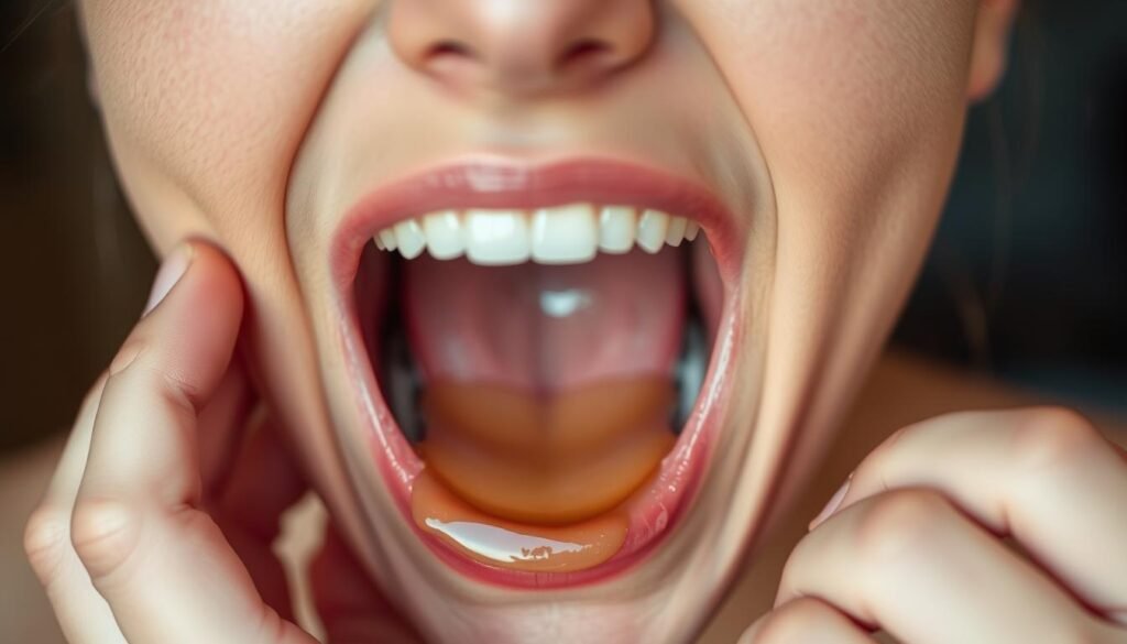 A person with their mouth open, revealing the inner cheek and gum area, as they perform the oil pulling technique. The scene is captured in a warm, natural lighting setting, with a soft, diffused focus on the face. The subject's expression conveys a sense of concentration and intention, as they swish the oil around their mouth. The background is slightly blurred, allowing the viewer to focus on the intricate details of the oral cavity undergoing the oil pulling process.