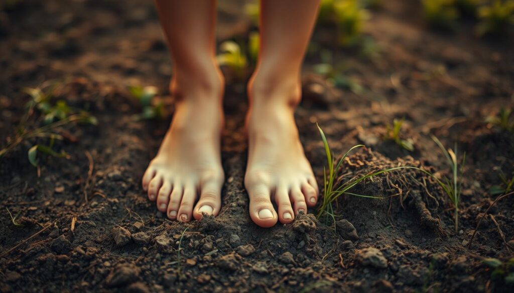 A person's bare feet firmly planted on the ground, making direct contact with the earth's surface. The scene is captured from a low angle, emphasizing the connection between the individual and the natural world. Warm, diffused lighting creates a soft, serene atmosphere, while the texture of the soil and grass adds a tactile, grounding element. The person's expression is peaceful, suggesting a sense of calm and rejuvenation. The composition draws the viewer's attention to the simple yet profound act of earthing, inviting contemplation on the potential benefits of this practice.