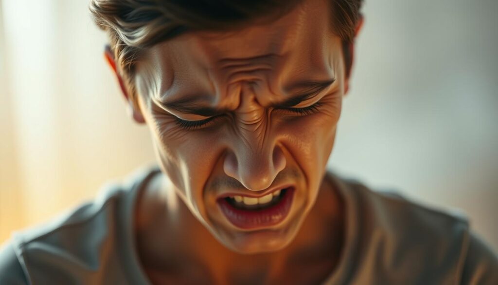A person's face contorted in discomfort, brow furrowed, eyes squeezed shut, lips tightly pursed. Their body language radiates tension, shoulders hunched, limbs slightly curled inward. The scene is bathed in a soft, warm light, creating a sense of vulnerability and unease. The background is blurred, keeping the focus on the subject's pained expression. The overall mood is one of acute physical distress, a visceral depiction of the unwelcome sensations of "pain discomfort". A person's face contorted in discomfort, brow furrowed, eyes squeezed shut, lips tightly pursed. Their body language radiates tension, shoulders hunched, limbs slightly curled inward. The scene is bathed in a soft, warm light, creating a sense of vulnerability and unease. The background is blurred, keeping the focus on the subject's pained expression. The overall mood is one of acute physical distress, a visceral depiction of the unwelcome sensations of "pain discomfort".
