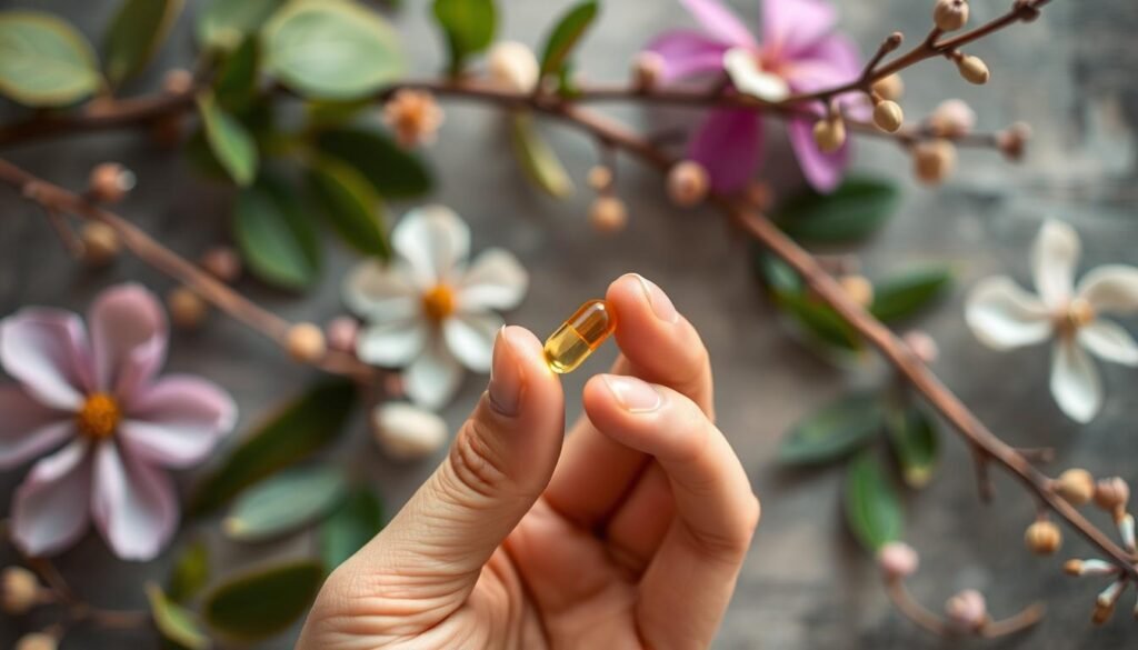A person's hand carefully holds a capsule of ashwagandha supplement against a blurred background of natural elements like leaves, flowers, and branches. The lighting is soft and warm, creating a calming, natural atmosphere. The composition focuses on the supplement, showcasing it as the central subject, with the surrounding organic elements providing a soothing, earthy context. The angle is slightly elevated, giving a sense of care and attention to the act of taking the supplement. This image visually represents the idea of incorporating ashwagandha into one's daily routine in a thoughtful, intentional way to address anxiety.