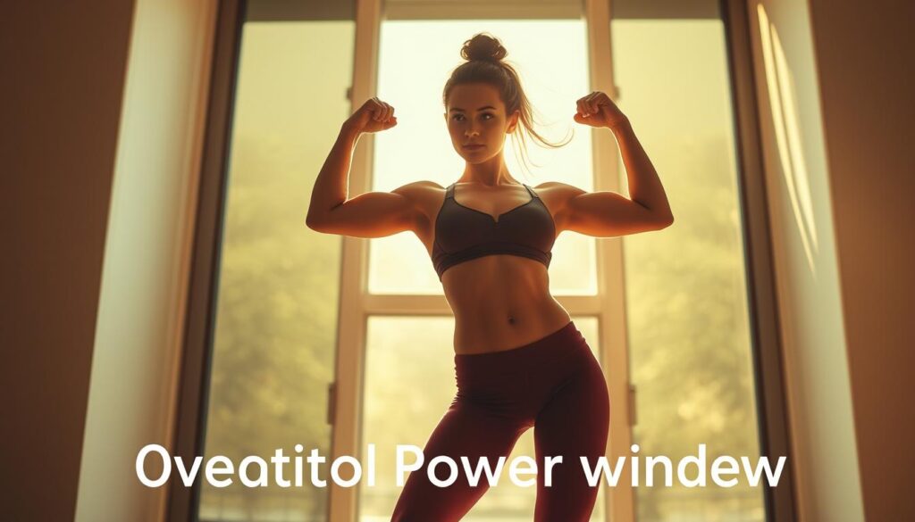 A powerful woman in an athletic pose, her body radiating energy, stands against a vibrant, sun-drenched backdrop. Soft natural light bathes her muscular physique, accentuating the strength and grace of her movements. In the foreground, a glowing window symbolizes the "ovulation power window," a time of heightened physical and mental capabilities. The scene conveys a sense of empowerment, vitality, and the natural rhythms of the body. A powerful woman in an athletic pose, her body radiating energy, stands against a vibrant, sun-drenched backdrop. Soft natural light bathes her muscular physique, accentuating the strength and grace of her movements. In the foreground, a glowing window symbolizes the "ovulation power window," a time of heightened physical and mental capabilities. The scene conveys a sense of empowerment, vitality, and the natural rhythms of the body.