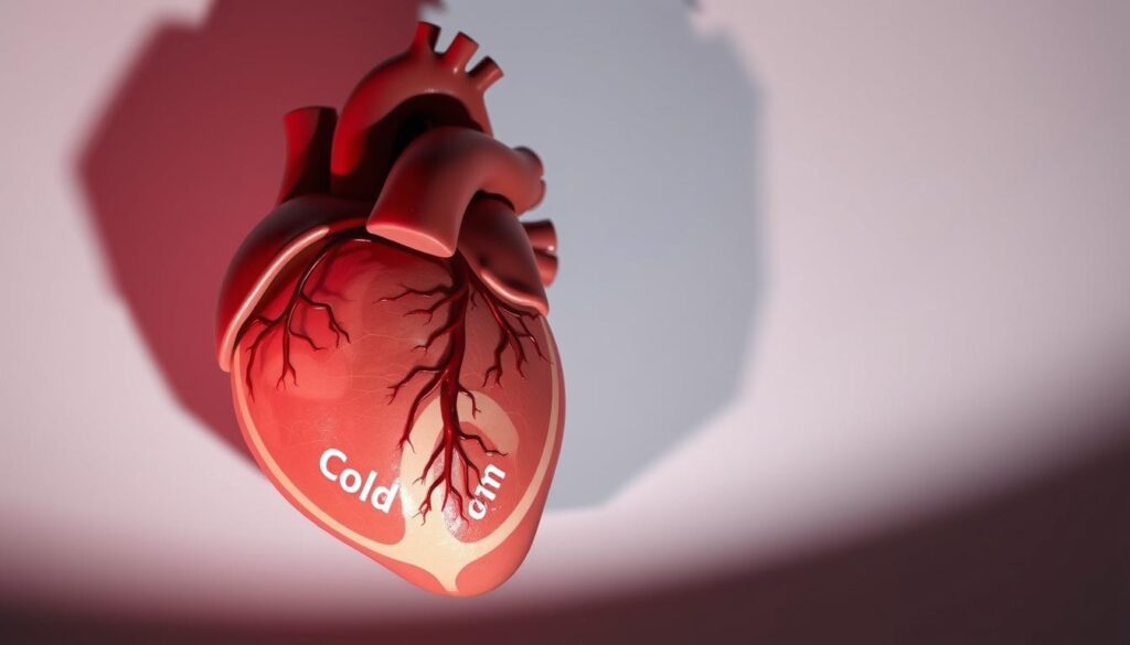 A realistic anatomical illustration of a human heart, its chambers and blood vessels prominently featured. The heart is shown in a cross-section view, revealing its internal structure and highlighting the areas most prone to risk factors like plaque buildup, blockages, and abnormal rhythms. The heart is rendered in muted, clinical tones, conveying a sense of medical seriousness. The background is a plain, neutral color, keeping the focus on the detailed heart anatomy. Subtle lighting from the side casts dramatic shadows, emphasizing the heart's three-dimensional form. The overall mood is informative and cautionary, preparing the viewer for the risks associated with cold exposure. A realistic anatomical illustration of a human heart, its chambers and blood vessels prominently featured. The heart is shown in a cross-section view, revealing its internal structure and highlighting the areas most prone to risk factors like plaque buildup, blockages, and abnormal rhythms. The heart is rendered in muted, clinical tones, conveying a sense of medical seriousness. The background is a plain, neutral color, keeping the focus on the detailed heart anatomy. Subtle lighting from the side casts dramatic shadows, emphasizing the heart's three-dimensional form. The overall mood is informative and cautionary, preparing the viewer for the risks associated with cold exposure.