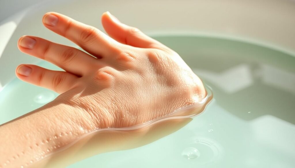 A realistic close-up view of a human hand immersed in a clear liquid solution, illuminated by soft natural lighting. The skin's pores are visibly dilated, allowing the transdermal absorption of magnesium ions from the solution. The liquid has a slightly greenish-blue hue, suggesting the presence of magnesium salts. The background is blurred, but hints at a serene, spa-like environment, evoking a sense of relaxation and wellness. The composition emphasizes the process of magnesium absorption through the skin, conveying the idea of an effective, natural method for improving sleep and overall health. A realistic close-up view of a human hand immersed in a clear liquid solution, illuminated by soft natural lighting. The skin's pores are visibly dilated, allowing the transdermal absorption of magnesium ions from the solution. The liquid has a slightly greenish-blue hue, suggesting the presence of magnesium salts. The background is blurred, but hints at a serene, spa-like environment, evoking a sense of relaxation and wellness. The composition emphasizes the process of magnesium absorption through the skin, conveying the idea of an effective, natural method for improving sleep and overall health.