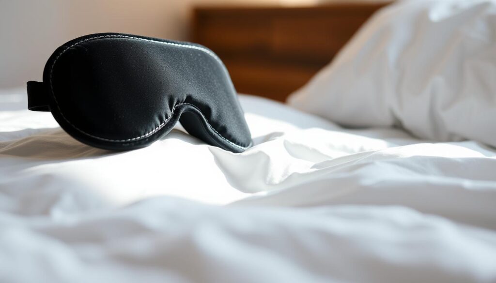 A refined and elegant sleep mask floating in a softly lit, minimalist bedroom setting. The mask is made of a high-quality, plush black fabric with delicate silver trim, resting on crisp white bedding. Gentle shadows and highlights accentuate the mask's sculptural form, creating a sense of tranquility and relaxation. The background is subtly blurred, drawing the viewer's focus to the sleep mask as the central and most important element. Soft, diffused lighting casts a warm, soothing glow, evoking a serene and restful atmosphere. A refined and elegant sleep mask floating in a softly lit, minimalist bedroom setting. The mask is made of a high-quality, plush black fabric with delicate silver trim, resting on crisp white bedding. Gentle shadows and highlights accentuate the mask's sculptural form, creating a sense of tranquility and relaxation. The background is subtly blurred, drawing the viewer's focus to the sleep mask as the central and most important element. Soft, diffused lighting casts a warm, soothing glow, evoking a serene and restful atmosphere.