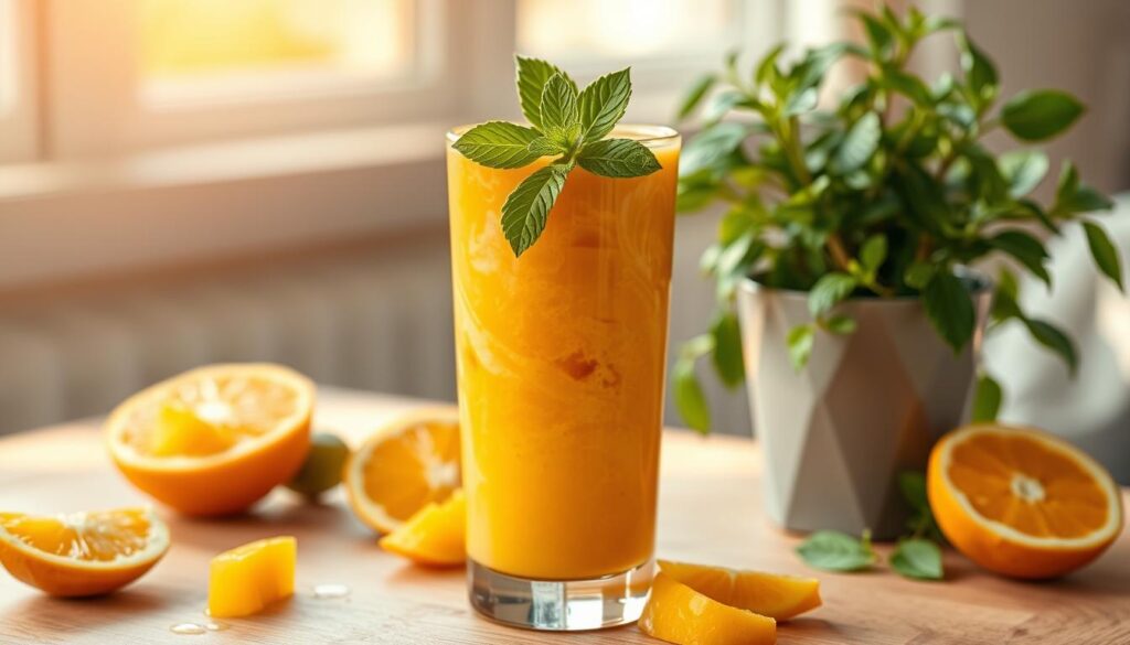 A refreshing ginger-mango smoothie swirls in a tall glass, its vibrant orange hue catching the warm afternoon light. Chunks of fresh mango and a touch of honey create a creamy, balanced sweetness, while grated ginger adds a zesty kick. Mint leaves flutter atop the smooth surface, lending a crisp, herbal aroma. The glass stands on a wooden table, surrounded by sliced citrus fruits and a potted plant, conveying a sense of natural, healthful vitality. Soft, diffused lighting bathes the scene in a golden glow, evoking a cozy, inviting atmosphere perfect for an energizing midday treat.