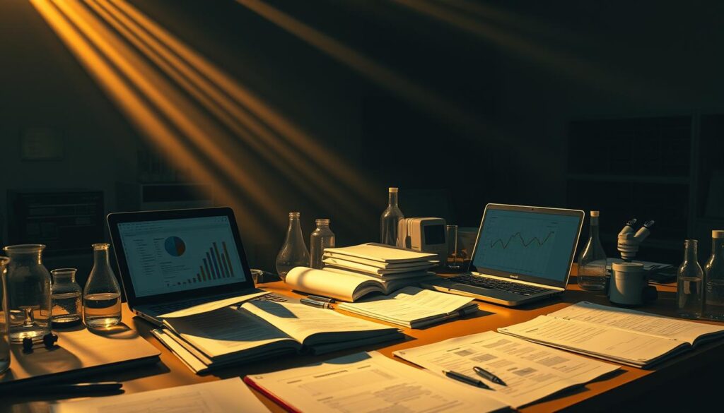 A research laboratory workspace, dimly lit with a warm glow. On the desk, a collection of scientific papers, open notebooks, and a laptop displaying graphs and charts. Beakers, microscopes, and other lab equipment stand as silent witnesses to the process of discovery. The atmosphere is one of focused intensity, hinting at the rigor and dedication required to uncover new insights. Rays of light slice through the air, casting dramatic shadows that underscore the gravity of the task at hand. This scene conveys the essence of "research evidence" - the painstaking work, the careful analysis, and the pursuit of knowledge that ultimately shapes our understanding of the world. A research laboratory workspace, dimly lit with a warm glow. On the desk, a collection of scientific papers, open notebooks, and a laptop displaying graphs and charts. Beakers, microscopes, and other lab equipment stand as silent witnesses to the process of discovery. The atmosphere is one of focused intensity, hinting at the rigor and dedication required to uncover new insights. Rays of light slice through the air, casting dramatic shadows that underscore the gravity of the task at hand. This scene conveys the essence of "research evidence" - the painstaking work, the careful analysis, and the pursuit of knowledge that ultimately shapes our understanding of the world.