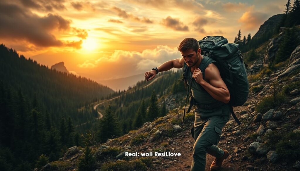 A rugged outdoor scene with a determined person hauling a heavy rucksack across a challenging terrain. The foreground features the hiker's powerful strides, their backpack straining with the weight of essential tactical gear. The middle ground showcases a winding mountain trail, flanked by dense evergreen forests and jagged rock formations. In the distance, a dramatic sky with swirling clouds and a warm, golden light filters through, creating an atmosphere of tactical readiness and real-world resilience. Crisp, high-contrast lighting accentuates the hiker's muscular physique and the textural details of their tactical equipment. The overall mood evokes a sense of functional strength, self-reliance, and the ability to thrive in demanding outdoor environments. A rugged outdoor scene with a determined person hauling a heavy rucksack across a challenging terrain. The foreground features the hiker's powerful strides, their backpack straining with the weight of essential tactical gear. The middle ground showcases a winding mountain trail, flanked by dense evergreen forests and jagged rock formations. In the distance, a dramatic sky with swirling clouds and a warm, golden light filters through, creating an atmosphere of tactical readiness and real-world resilience. Crisp, high-contrast lighting accentuates the hiker's muscular physique and the textural details of their tactical equipment. The overall mood evokes a sense of functional strength, self-reliance, and the ability to thrive in demanding outdoor environments.
