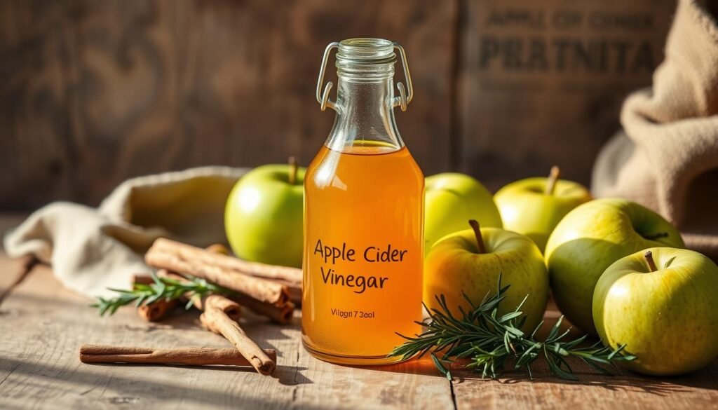 A rustic still life depicting a glass bottle filled with amber-colored apple cider vinegar, surrounded by fresh green apples, cinnamon sticks, and a sprig of rosemary. The scene is illuminated by warm, natural lighting, casting gentle shadows and highlights that accentuate the organic textures and colors. The composition is balanced and visually appealing, inviting the viewer to appreciate the process of transforming apples into the versatile and health-promoting apple cider vinegar. The overall mood is one of simplicity, authenticity, and the celebration of natural ingredients.