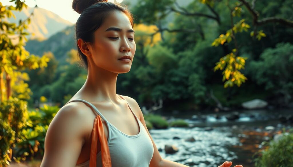 A serene and harmonious scene of emotional balance in life. The foreground depicts a person in a tranquil, meditative pose, their expression calm and centered. The middle ground shows lush, verdant foliage and a gentle stream, reflecting the harmony of nature. The background features a mountainous landscape bathed in warm, golden light, conveying a sense of balance and timelessness. The overall composition is shot with a wide-angle lens, creating a sense of depth and immersion. The lighting is soft and diffused, creating a peaceful, contemplative atmosphere. This image embodies the essence of Qigong and the cultivation of life-force energy through emotional balance and connection to the natural world. A serene and harmonious scene of emotional balance in life. The foreground depicts a person in a tranquil, meditative pose, their expression calm and centered. The middle ground shows lush, verdant foliage and a gentle stream, reflecting the harmony of nature. The background features a mountainous landscape bathed in warm, golden light, conveying a sense of balance and timelessness. The overall composition is shot with a wide-angle lens, creating a sense of depth and immersion. The lighting is soft and diffused, creating a peaceful, contemplative atmosphere. This image embodies the essence of Qigong and the cultivation of life-force energy through emotional balance and connection to the natural world.
