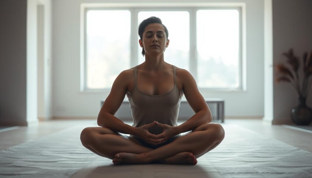 A serene and introspective scene depicting deep bodily awareness. In the foreground, a central figure sits cross-legged, eyes closed, hands resting gently on their lap. Their face is calm and focused, radiating a sense of inner peace. The middle ground reveals a softly lit, minimalist interior with clean lines and muted tones, creating a zen-like atmosphere. In the background, a large window allows natural light to filter in, casting a warm, diffused glow throughout the space. The overall mood is one of stillness, contemplation, and a profound connection to the self.