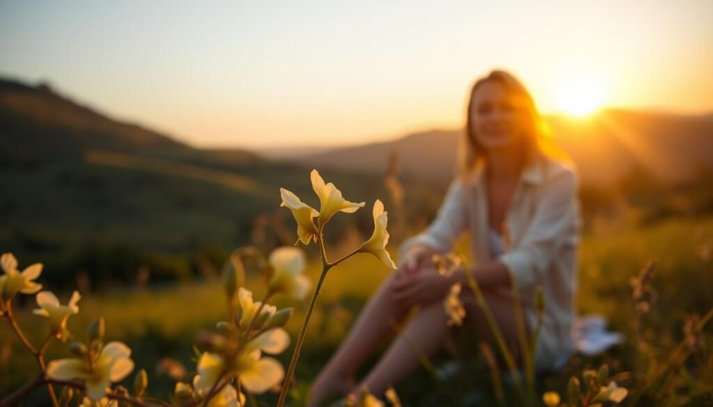 A serene and tranquil evening scene, with the delicate evening primrose flowers blooming in the foreground. Soft, warm lighting bathes the scene, casting a golden glow over the petals. In the middle ground, a woman sits contemplatively, her face reflecting the calming effect of the evening primrose oil. The background is a peaceful landscape, with a setting sun casting long shadows across the rolling hills. The overall mood is one of relaxation and introspection, capturing the potential benefits of evening primrose oil for menopausal women. A serene and tranquil evening scene, with the delicate evening primrose flowers blooming in the foreground. Soft, warm lighting bathes the scene, casting a golden glow over the petals. In the middle ground, a woman sits contemplatively, her face reflecting the calming effect of the evening primrose oil. The background is a peaceful landscape, with a setting sun casting long shadows across the rolling hills. The overall mood is one of relaxation and introspection, capturing the potential benefits of evening primrose oil for menopausal women.