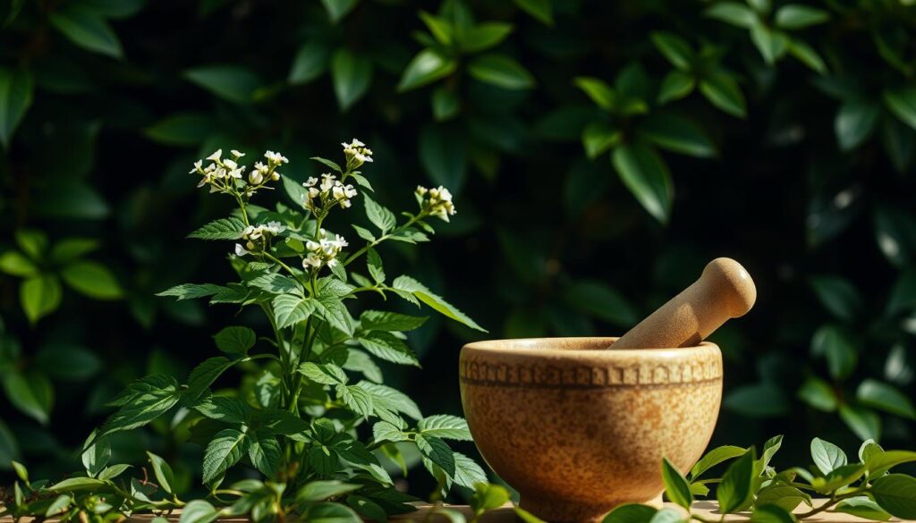 A serene and tranquil scene depicting the ancient Brahmi herb, Bacopa monnieri, set against a backdrop of lush, verdant foliage. The plant's delicate, white flowers bloom amidst its vibrant green leaves, capturing the essence of its revered status as a traditional memory-enhancing herb. The lighting is soft and diffused, casting a gentle glow that enhances the plant's natural beauty. In the foreground, a mortar and pestle stand, symbolizing the traditional preparation methods used to harness Brahmi's potent cognitive-boosting properties. The overall composition conveys a sense of timelessness and the deep-rooted connection between this remarkable plant and its historical role in supporting mental clarity and focus.