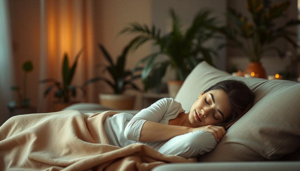 A serene and tranquil scene depicting the luteal phase of the menstrual cycle. The foreground features a woman resting peacefully on a soft, muted-colored couch, her expression calm and introspective. The middle ground showcases a dimly lit room with warm, muted lighting, creating a cozy and relaxing atmosphere. In the background, lush plants and muted-toned decor elements add a sense of nourishment and restoration. The overall composition conveys a sense of rest, recovery, and the body's natural rhythms, aligning with the "Turn Down the Heat, Turn Up Recovery" theme. Detailed, photorealistic rendering with a shallow depth of field and a natural, earthy color palette. A serene and tranquil scene depicting the luteal phase of the menstrual cycle. The foreground features a woman resting peacefully on a soft, muted-colored couch, her expression calm and introspective. The middle ground showcases a dimly lit room with warm, muted lighting, creating a cozy and relaxing atmosphere. In the background, lush plants and muted-toned decor elements add a sense of nourishment and restoration. The overall composition conveys a sense of rest, recovery, and the body's natural rhythms, aligning with the "Turn Down the Heat, Turn Up Recovery" theme. Detailed, photorealistic rendering with a shallow depth of field and a natural, earthy color palette.