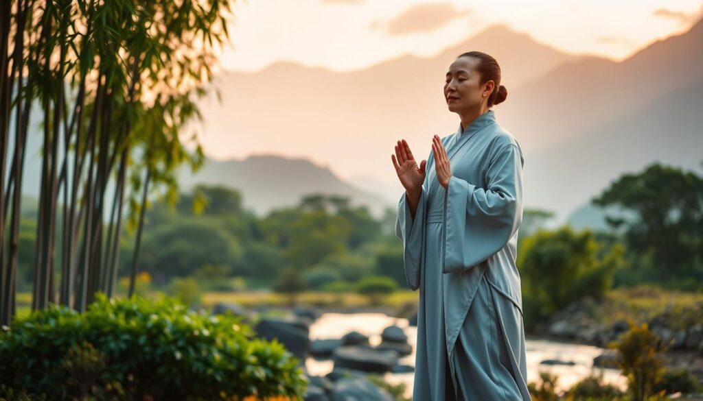 A serene and tranquil scene of a practitioner performing qigong, the ancient Chinese wellness practice that cultivates life-force energy. In the foreground, a figure in flowing robes stands in a graceful pose, their hands held in a mudra, eyes closed in deep meditation. The middle ground features a lush, verdant garden with bamboo groves and gently flowing water. In the background, a tranquil mountain landscape bathed in soft, golden light, evoking a sense of timelessness and connection to the natural world. The overall mood is one of profound inner calm, balance, and harmony, reflecting the essence of qigong and its power to unlock the body's innate healing potential. A serene and tranquil scene of a practitioner performing qigong, the ancient Chinese wellness practice that cultivates life-force energy. In the foreground, a figure in flowing robes stands in a graceful pose, their hands held in a mudra, eyes closed in deep meditation. The middle ground features a lush, verdant garden with bamboo groves and gently flowing water. In the background, a tranquil mountain landscape bathed in soft, golden light, evoking a sense of timelessness and connection to the natural world. The overall mood is one of profound inner calm, balance, and harmony, reflecting the essence of qigong and its power to unlock the body's innate healing potential.