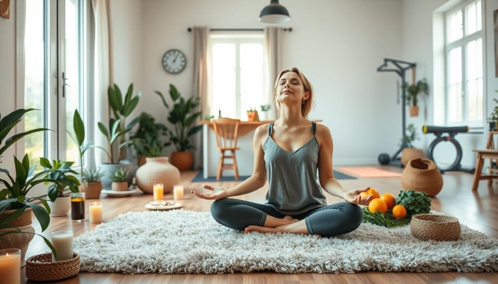 A serene and welcoming home interior, with soft natural lighting filtering through large windows. In the foreground, a woman sitting cross-legged on a plush area rug, eyes closed in meditation, radiating calm and inner peace. Surrounding her, a mix of plants, candles, and natural fibers, creating a cozy, nurturing atmosphere. In the middle ground, a clean and uncluttered kitchen, with fresh produce and herbal teas on the countertop, symbolizing healthy eating habits. In the background, a home gym setup with yoga mats and free weights, hinting at an active lifestyle. An overall sense of balance, self-care, and a holistic approach to wellness. A serene and welcoming home interior, with soft natural lighting filtering through large windows. In the foreground, a woman sitting cross-legged on a plush area rug, eyes closed in meditation, radiating calm and inner peace. Surrounding her, a mix of plants, candles, and natural fibers, creating a cozy, nurturing atmosphere. In the middle ground, a clean and uncluttered kitchen, with fresh produce and herbal teas on the countertop, symbolizing healthy eating habits. In the background, a home gym setup with yoga mats and free weights, hinting at an active lifestyle. An overall sense of balance, self-care, and a holistic approach to wellness.