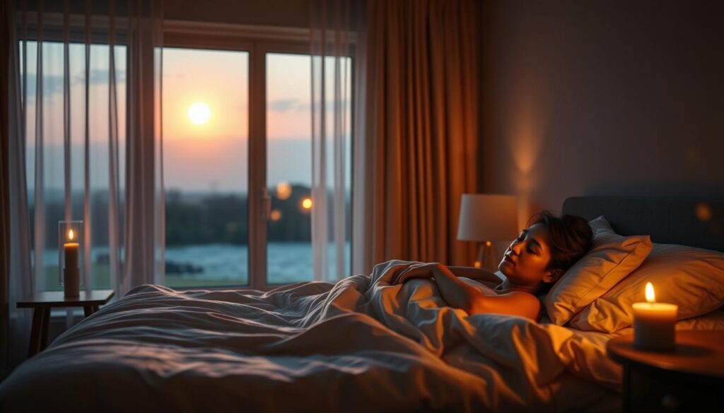 A serene bedroom at dusk, illuminated by a warm, golden glow. In the foreground, a person is lying on a soft, plush mattress, eyes closed, peacefully drifting off to sleep. Gentle, wispy curtains sway in the cool evening breeze, casting delicate shadows across the room. The middle ground features a nightstand with a single, flickering candle, its flame casting a calming, ambient light. In the background, a large window overlooks a tranquil, moonlit landscape, creating a sense of harmony and relaxation. The overall mood is one of deep, restorative sleep, with a focus on the gentle, soothing elements that promote high-quality rest. A serene bedroom at dusk, illuminated by a warm, golden glow. In the foreground, a person is lying on a soft, plush mattress, eyes closed, peacefully drifting off to sleep. Gentle, wispy curtains sway in the cool evening breeze, casting delicate shadows across the room. The middle ground features a nightstand with a single, flickering candle, its flame casting a calming, ambient light. In the background, a large window overlooks a tranquil, moonlit landscape, creating a sense of harmony and relaxation. The overall mood is one of deep, restorative sleep, with a focus on the gentle, soothing elements that promote high-quality rest.