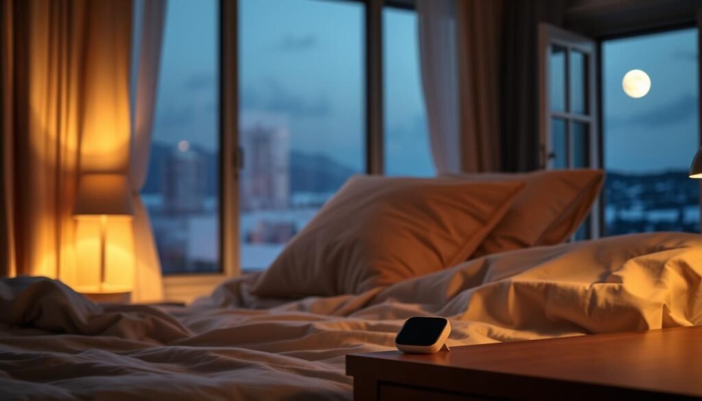 A serene bedroom at dusk, soft bedding and plush pillows in neutral tones invite restful slumber. Warm, diffused lighting emanates from a modern, minimalist bedside lamp, casting a cozy glow. An open window reveals a tranquil, moonlit landscape, hinting at the calm, restorative sleep to come. In the foreground, a simple, high-quality sleep tracker device rests on the nightstand, a subtle nod to the power of budget-friendly wellness tech. The overall atmosphere is one of peace, comfort, and the rejuvenating power of a good night's rest. A serene bedroom at dusk, soft bedding and plush pillows in neutral tones invite restful slumber. Warm, diffused lighting emanates from a modern, minimalist bedside lamp, casting a cozy glow. An open window reveals a tranquil, moonlit landscape, hinting at the calm, restorative sleep to come. In the foreground, a simple, high-quality sleep tracker device rests on the nightstand, a subtle nod to the power of budget-friendly wellness tech. The overall atmosphere is one of peace, comfort, and the rejuvenating power of a good night's rest.