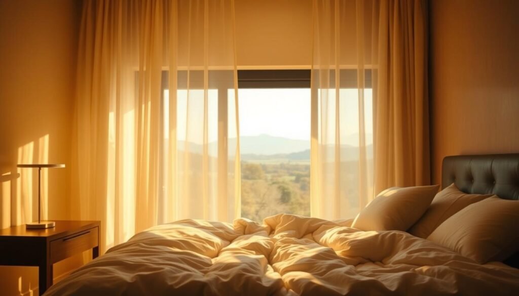 A serene bedroom bathed in warm, golden light. The focal point is a cozy bed with plush, cloud-like bedding inviting the viewer to sink into its comforting embrace. Soft, sheer curtains billow gently, creating a sense of tranquility. The scene is complemented by a nightstand with a simple, minimalist lamp casting a mellow glow. In the background, a large window overlooks a peaceful, natural landscape, hinting at the rejuvenating power of sleep. The overall atmosphere evokes a deep sense of rest, relaxation, and the importance of prioritizing quality sleep for optimal health and longevity. A serene bedroom bathed in warm, golden light. The focal point is a cozy bed with plush, cloud-like bedding inviting the viewer to sink into its comforting embrace. Soft, sheer curtains billow gently, creating a sense of tranquility. The scene is complemented by a nightstand with a simple, minimalist lamp casting a mellow glow. In the background, a large window overlooks a peaceful, natural landscape, hinting at the rejuvenating power of sleep. The overall atmosphere evokes a deep sense of rest, relaxation, and the importance of prioritizing quality sleep for optimal health and longevity.