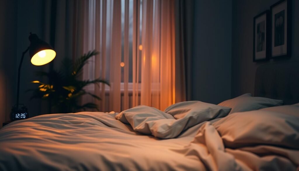 A serene bedroom scene, dimly lit with warm, golden hues from a bedside lamp. The focal point is a cozy, queen-sized bed with plush, cloud-like bedding in shades of gray and white. Soft, gauzy curtains frame the window, gently billowing in a gentle breeze. On the nightstand, a minimalist digital alarm clock displays the time. In the background, a blurred silhouette of a potted plant and a few framed wall art pieces can be seen, creating a sense of tranquility. The overall atmosphere is one of comfort, relaxation, and the perfect environment for a restful night's sleep. A serene bedroom scene, dimly lit with warm, golden hues from a bedside lamp. The focal point is a cozy, queen-sized bed with plush, cloud-like bedding in shades of gray and white. Soft, gauzy curtains frame the window, gently billowing in a gentle breeze. On the nightstand, a minimalist digital alarm clock displays the time. In the background, a blurred silhouette of a potted plant and a few framed wall art pieces can be seen, creating a sense of tranquility. The overall atmosphere is one of comfort, relaxation, and the perfect environment for a restful night's sleep.