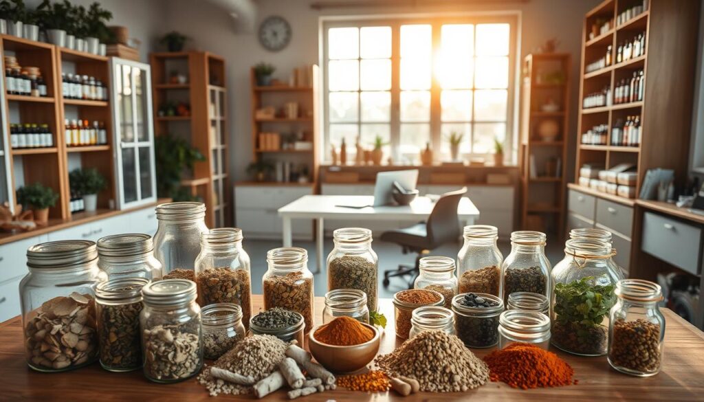 A serene, clinical herbalist's workspace, bathed in warm natural light filtering through large windows. In the foreground, an array of glass apothecary jars filled with dried herbs, roots, and powders, meticulously arranged on a wooden table. Midground, a modern, minimalist desk with a laptop, notebook, and a mortar and pestle, suggesting active research and product development. In the background, floor-to-ceiling shelves stocked with reference books, tinctures, and other herbal remedies, conveying an atmosphere of expertise and authority. The overall mood is one of tranquility, professionalism, and a deep connection to the natural world. A serene, clinical herbalist's workspace, bathed in warm natural light filtering through large windows. In the foreground, an array of glass apothecary jars filled with dried herbs, roots, and powders, meticulously arranged on a wooden table. Midground, a modern, minimalist desk with a laptop, notebook, and a mortar and pestle, suggesting active research and product development. In the background, floor-to-ceiling shelves stocked with reference books, tinctures, and other herbal remedies, conveying an atmosphere of expertise and authority. The overall mood is one of tranquility, professionalism, and a deep connection to the natural world.