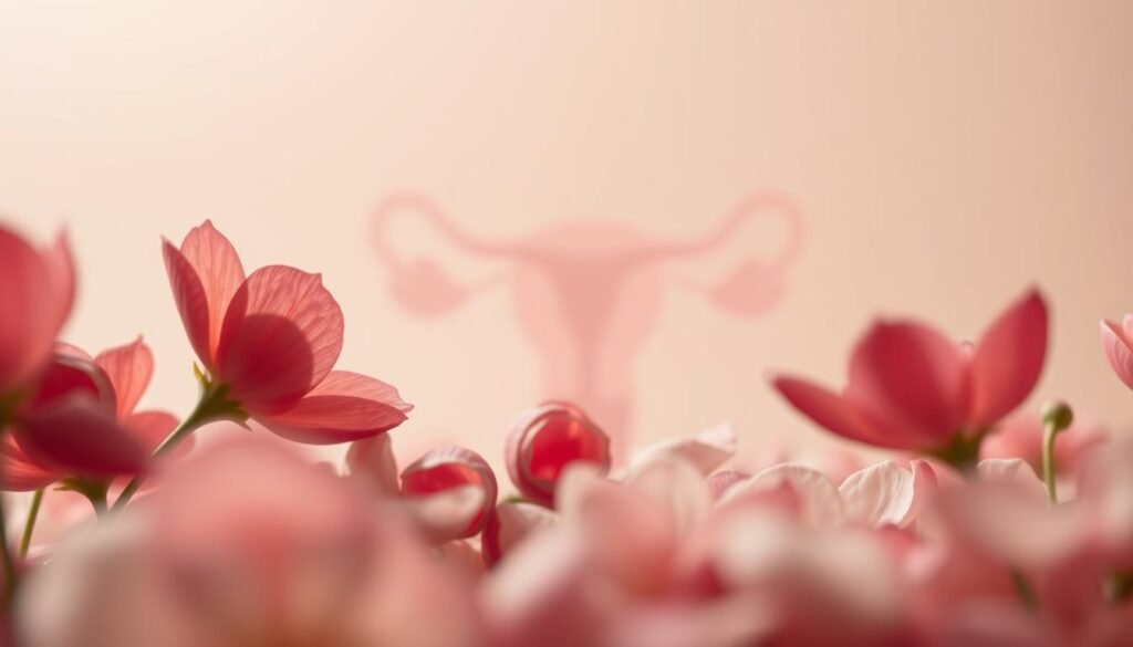 A serene, close-up illustration of the menstrual cycle, captured through an artistic, botanical lens. In the foreground, delicate flower petals in shades of red, pink, and white symbolize the cyclical nature of the process. The middle ground features a stylized, cross-sectional diagram of the uterus, its layers and structures elegantly rendered. In the background, soft, muted tones evoke a sense of natural harmony, while subtle lighting casts a warm, ethereal glow over the entire scene. The overall mood is contemplative, highlighting the intricate beauty and rhythmic patterns inherent in this fundamental biological function. A serene, close-up illustration of the menstrual cycle, captured through an artistic, botanical lens. In the foreground, delicate flower petals in shades of red, pink, and white symbolize the cyclical nature of the process. The middle ground features a stylized, cross-sectional diagram of the uterus, its layers and structures elegantly rendered. In the background, soft, muted tones evoke a sense of natural harmony, while subtle lighting casts a warm, ethereal glow over the entire scene. The overall mood is contemplative, highlighting the intricate beauty and rhythmic patterns inherent in this fundamental biological function.