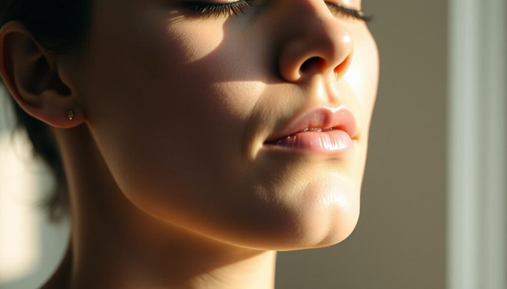 A serene, close-up view of a person's face in natural lighting, capturing the gentle rise and fall of their chest as they breathe deeply. The subject's eyes are closed, and their expression is one of tranquility and focus. The background is softly blurred, creating a sense of depth and emphasizing the subject's face. The lighting is soft and diffused, casting a warm glow on the skin and highlighting the delicate details of the facial features. The overall composition and mood convey the calming and restorative effects of conscious breathing on the body and mind.