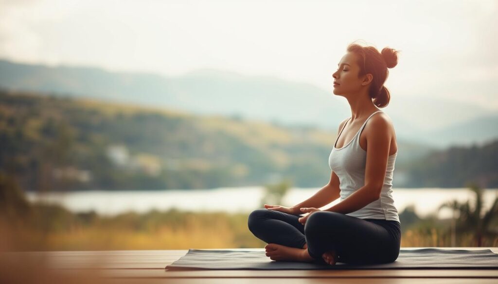 A serene, contemplative scene depicting the mental health impact of practices like Pilates. In the foreground, a person sits cross-legged, eyes closed, hands resting on their lap, exuding a sense of inner calm and focus. The middle ground features a softly blurred, natural landscape - rolling hills, lush greenery, and a tranquil body of water reflecting the sky. Warm, diffused lighting bathes the scene, creating a soothing, meditative atmosphere. The background fades into a hazy, dreamlike quality, symbolizing the clarity and cognitive benefits of mindful movement. An overall feeling of peace, balance, and mental rejuvenation permeates the image. A serene, contemplative scene depicting the mental health impact of practices like Pilates. In the foreground, a person sits cross-legged, eyes closed, hands resting on their lap, exuding a sense of inner calm and focus. The middle ground features a softly blurred, natural landscape - rolling hills, lush greenery, and a tranquil body of water reflecting the sky. Warm, diffused lighting bathes the scene, creating a soothing, meditative atmosphere. The background fades into a hazy, dreamlike quality, symbolizing the clarity and cognitive benefits of mindful movement. An overall feeling of peace, balance, and mental rejuvenation permeates the image.