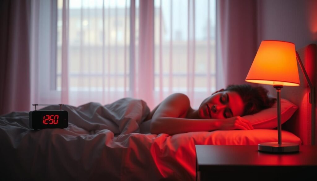 A serene, dimly lit bedroom scene with a person sleeping peacefully, surrounded by a warm, reddish-orange glow. The room is bathed in a soft, diffused light, creating a calming atmosphere. In the foreground, a bedside table with a digital clock displays the time, subtly suggesting the natural rhythm of the body's circadian cycle. The background features a window, partially obscured by sheer curtains, allowing just enough light to filter in and maintain the delicate balance of melatonin production. The overall composition conveys the intricate relationship between light exposure, melatonin, and the regulation of the body's natural sleep-wake cycle. A serene, dimly lit bedroom scene with a person sleeping peacefully, surrounded by a warm, reddish-orange glow. The room is bathed in a soft, diffused light, creating a calming atmosphere. In the foreground, a bedside table with a digital clock displays the time, subtly suggesting the natural rhythm of the body's circadian cycle. The background features a window, partially obscured by sheer curtains, allowing just enough light to filter in and maintain the delicate balance of melatonin production. The overall composition conveys the intricate relationship between light exposure, melatonin, and the regulation of the body's natural sleep-wake cycle.