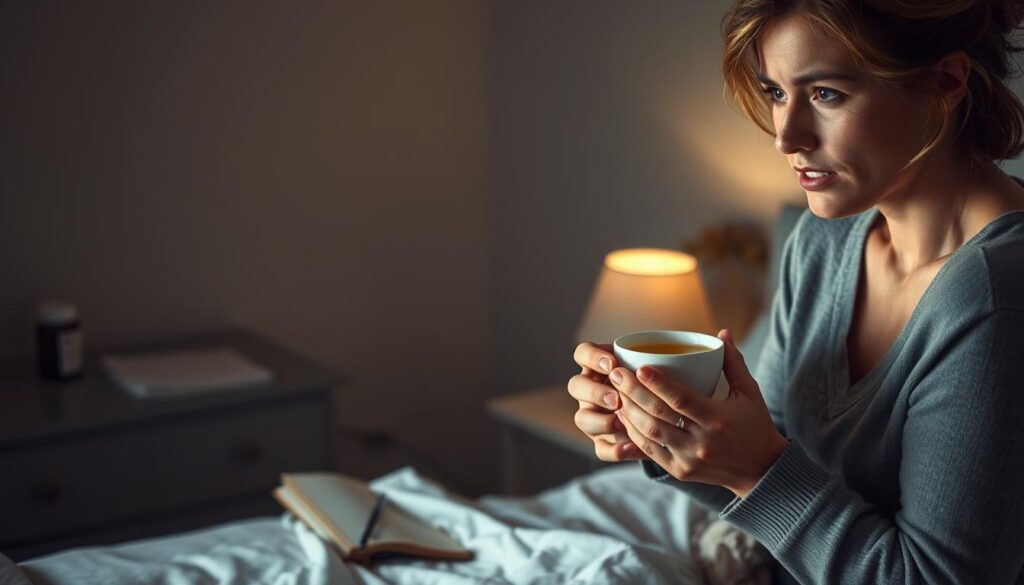 A serene, dimly lit bedroom scene. In the foreground, a woman sits on the edge of her bed, her face weary and brow furrowed, hands clutching a cup of herbal tea. Soft, diffused lighting casts a warm glow, accentuating the subtle changes of early perimenopause - flushed cheeks, unruly strands of hair, and a faraway, introspective gaze. In the middle ground, a nightstand holds a journal and a bottle of supplements, hinting at the woman's efforts to manage her shifting hormones. The background fades into a calming, neutral palette, creating a sense of introspection and personal journey. Evocative, yet grounded in the reality of a woman's experience with the early symptoms of perimenopause in her 30s. A serene, dimly lit bedroom scene. In the foreground, a woman sits on the edge of her bed, her face weary and brow furrowed, hands clutching a cup of herbal tea. Soft, diffused lighting casts a warm glow, accentuating the subtle changes of early perimenopause - flushed cheeks, unruly strands of hair, and a faraway, introspective gaze. In the middle ground, a nightstand holds a journal and a bottle of supplements, hinting at the woman's efforts to manage her shifting hormones. The background fades into a calming, neutral palette, creating a sense of introspection and personal journey. Evocative, yet grounded in the reality of a woman's experience with the early symptoms of perimenopause in her 30s.
