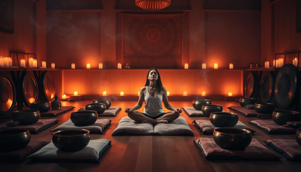 A serene, dimly lit meditation studio with a tranquil, softly lit sound bath experience. Warm ambient lighting casts a cozy glow, highlighting the myriad of crystal singing bowls, gongs, and other sound healing instruments artfully arranged on plush meditation cushions. Wisps of fragrant incense drift through the air, creating a calming atmosphere. In the center, a person sits cross-legged, eyes closed, completely immersed in the soothing, resonant tones washing over them, their body and mind deeply relaxed. The overall scene evokes a sense of profound rest, mindfulness, and rejuvenation. A serene, dimly lit meditation studio with a tranquil, softly lit sound bath experience. Warm ambient lighting casts a cozy glow, highlighting the myriad of crystal singing bowls, gongs, and other sound healing instruments artfully arranged on plush meditation cushions. Wisps of fragrant incense drift through the air, creating a calming atmosphere. In the center, a person sits cross-legged, eyes closed, completely immersed in the soothing, resonant tones washing over them, their body and mind deeply relaxed. The overall scene evokes a sense of profound rest, mindfulness, and rejuvenation.