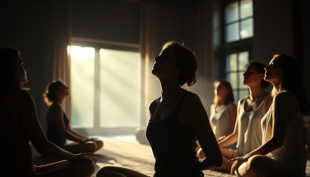 A serene, dimly lit room with individuals seated in a meditative pose, their eyes closed, engaging in holotropic breathwork. Soft, natural lighting filters in through large windows, casting a warm, ethereal glow. The air is charged with a sense of introspection and exploration, as the participants delve into the depths of their consciousness through their synchronized, rhythmic breathing. In the background, subtle, ambient soundscapes add to the immersive experience, guiding the subjects on their transformative journey. The overall atmosphere evokes a sense of profound self-discovery and spiritual awakening. A serene, dimly lit room with individuals seated in a meditative pose, their eyes closed, engaging in holotropic breathwork. Soft, natural lighting filters in through large windows, casting a warm, ethereal glow. The air is charged with a sense of introspection and exploration, as the participants delve into the depths of their consciousness through their synchronized, rhythmic breathing. In the background, subtle, ambient soundscapes add to the immersive experience, guiding the subjects on their transformative journey. The overall atmosphere evokes a sense of profound self-discovery and spiritual awakening.