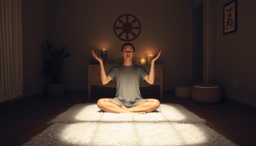A serene, dimly lit room with soft, warm lighting illuminating a person sitting cross-legged on a plush rug, palms upturned in a meditative Reiki pose. Muted colors and natural textures, like wood and linen, create a calming ambiance. In the background, a simple altar with crystals, candles, and a Reiki symbol on the wall, suggesting a dedicated Reiki practice space. The figure's expression is one of deep focus and tranquility, embodying the essence of Reiki healing and the preparatory mindset for a transformative session.