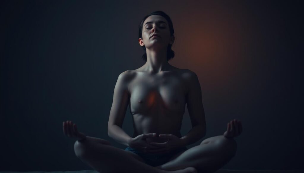 A serene, dimly lit scene of a person sitting cross-legged, eyes closed, hands resting on knees in a meditative pose. The subject's chest gently rises and falls, their breath flowing in a steady, rhythmic pattern. Soft, diffused lighting from above casts a warm, calming glow, highlighting the contours of the face and upper body. The background is blurred, creating a sense of focus and introspection. The overall atmosphere evokes a tranquil, introspective state, ideal for exploring breathing techniques for instant calm. A serene, dimly lit scene of a person sitting cross-legged, eyes closed, hands resting on knees in a meditative pose. The subject's chest gently rises and falls, their breath flowing in a steady, rhythmic pattern. Soft, diffused lighting from above casts a warm, calming glow, highlighting the contours of the face and upper body. The background is blurred, creating a sense of focus and introspection. The overall atmosphere evokes a tranquil, introspective state, ideal for exploring breathing techniques for instant calm.