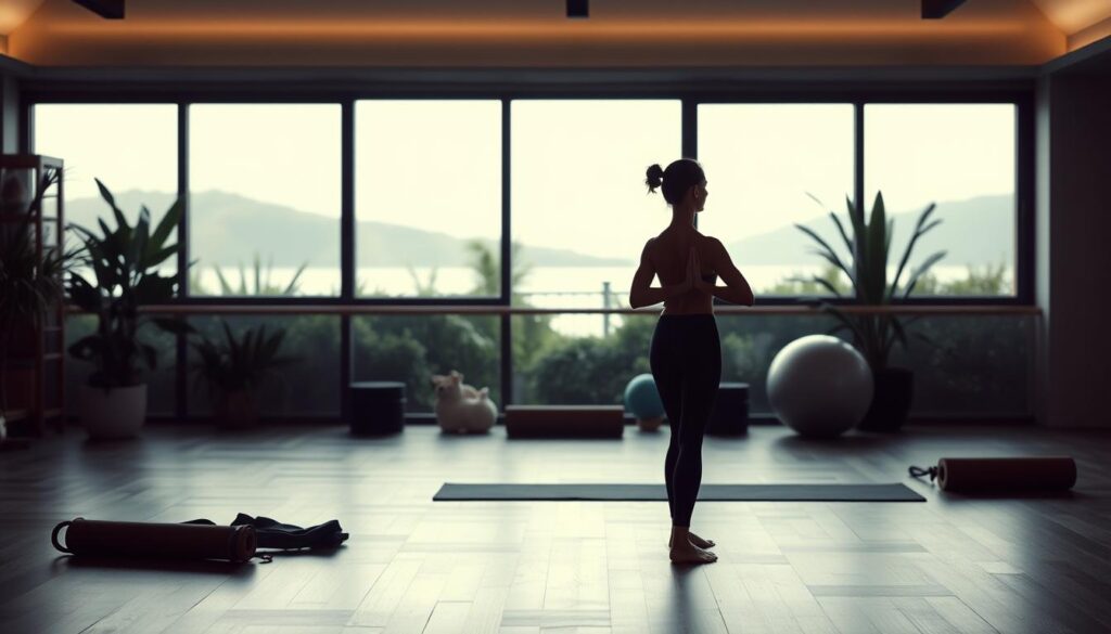 A serene, dimly lit studio with soft, diffused lighting creating a calming atmosphere. In the foreground, a yogi in a tranquil Pilates pose, their body gracefully aligned, eyes closed in meditative focus. The middle ground features an array of Pilates props - resistance bands, stability balls, and foam rollers - subtly hinting at the mind-body connection integral to the practice. The background depicts a serene, natural landscape, such as a lush garden or a tranquil beach, further emphasizing the harmony between the physical and the mental. The overall mood is one of deep concentration, awareness, and the integration of the mind and body. A serene, dimly lit studio with soft, diffused lighting creating a calming atmosphere. In the foreground, a yogi in a tranquil Pilates pose, their body gracefully aligned, eyes closed in meditative focus. The middle ground features an array of Pilates props - resistance bands, stability balls, and foam rollers - subtly hinting at the mind-body connection integral to the practice. The background depicts a serene, natural landscape, such as a lush garden or a tranquil beach, further emphasizing the harmony between the physical and the mental. The overall mood is one of deep concentration, awareness, and the integration of the mind and body.