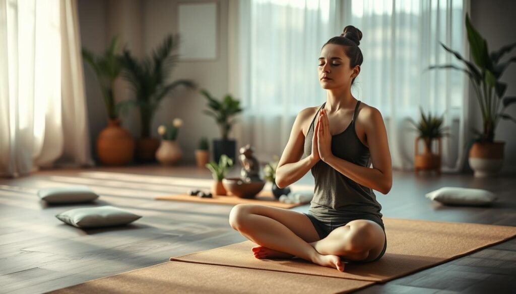 A serene, dimly lit studio with soft, natural lighting filtering through sheer curtains. In the foreground, a person sits cross-legged on a plush, earthy-toned yoga mat, their hands resting gently on their knees as they practice deep, mindful breathing. Their expression is one of calm focus, with a slight upward tilt of the lips, conveying a sense of inner peace. The middle ground features various plants and soothing decor elements, such as a small, Zen-inspired water fountain and a scatter of meditation cushions, creating a tranquil, minimalist atmosphere. The background is blurred, suggesting a harmonious, uncluttered space conducive to relaxation and introspection.