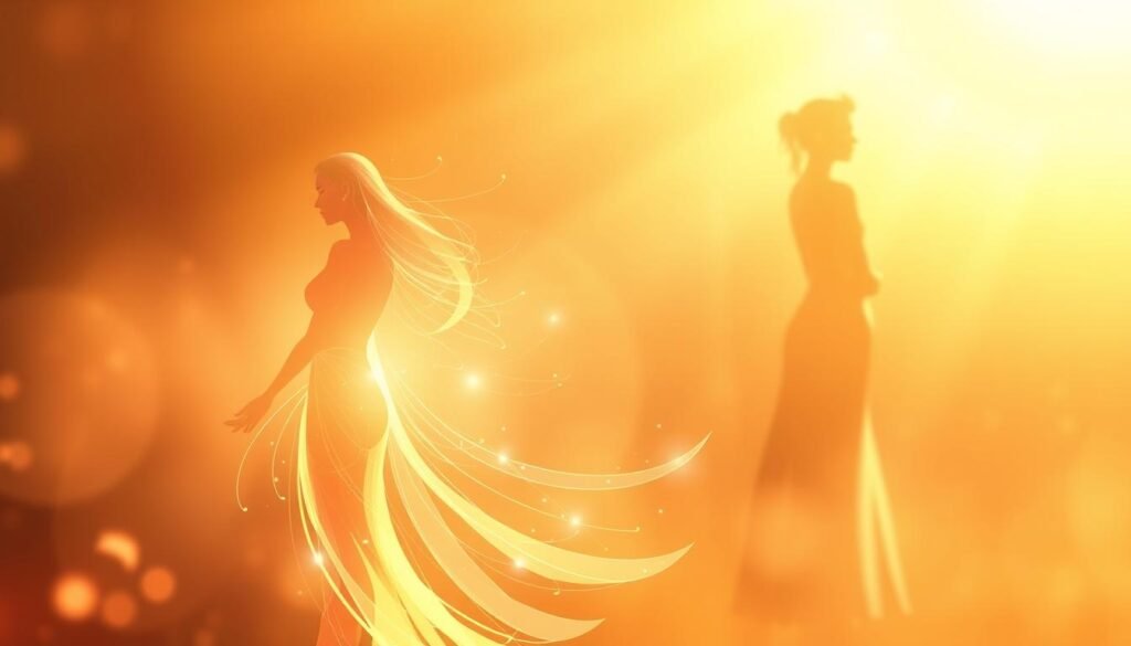 A serene, ethereal illustration depicting the three phases of the menstrual cycle, inspired by the principles of Ayurveda. In the foreground, a luminous figure representing the follicular phase, radiating vitality and new beginnings. In the middle ground, a graceful, flowing form embodying the ovulatory phase, exuding a sense of balance and harmony. In the background, a more subdued, introspective figure symbolizing the luteal phase, conveying the introspective, nurturing nature of this period. The composition is bathed in a warm, golden light, creating a sense of organic beauty and natural rhythms. The overall mood is one of reverence and understanding for the innate wisdom of the female body. A serene, ethereal illustration depicting the three phases of the menstrual cycle, inspired by the principles of Ayurveda. In the foreground, a luminous figure representing the follicular phase, radiating vitality and new beginnings. In the middle ground, a graceful, flowing form embodying the ovulatory phase, exuding a sense of balance and harmony. In the background, a more subdued, introspective figure symbolizing the luteal phase, conveying the introspective, nurturing nature of this period. The composition is bathed in a warm, golden light, creating a sense of organic beauty and natural rhythms. The overall mood is one of reverence and understanding for the innate wisdom of the female body.